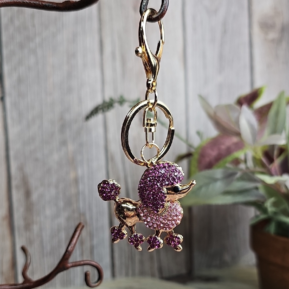 NEW PINK RHINESTONE POODLE KEYCHAIN BAG CHARM